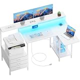 SOLAVERO Scrivania Angolare con Piano Pieghevole, 140cm Scrivania Gaming a l con Prese & USB-C, Tavolo Computer con Cassetti in Tessuto, Tavolo Ufficio con Supporto per Monitor, Bianco