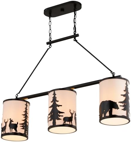 VAXCEL Acadia 3L Bronze Rustic Linear Chandelier Island Pendant Light Fixture Bear and Tree