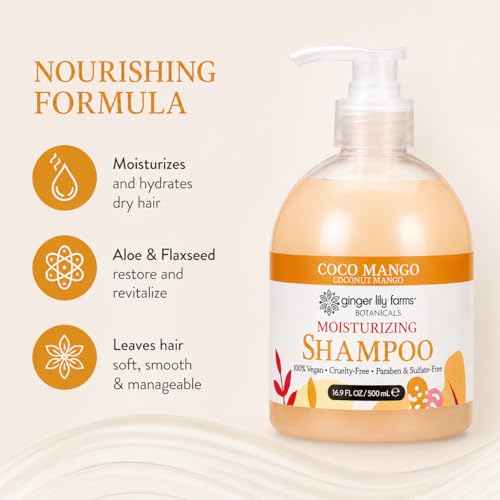 Image of Ginger Lily Farms Botanicals Shampoo, 16.9oz, Coco Mango | 100% Vegan & Cruelty-Free | Moisturizing Shampoo for All Hair Types