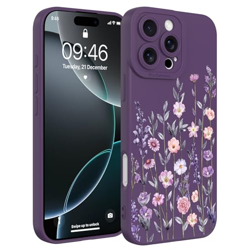 Image of Designed for iPhone 16 Pro Case Flower for Women Girls, Dark Purple | Cute Floral Pattern Liquid Silicone Phone Case [Full Camera Protection] Slim Soft TPU Protective Cover