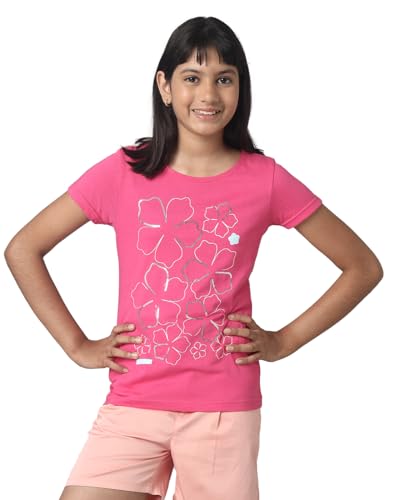 Image of Under Fourteen Only - Girl's T-Shirt | Girls Cotton Round Neck Graphic Printed Half Sleeve T Shirt | Half Sleeve, Fabric - Knits | 14-15 Years (Pink)