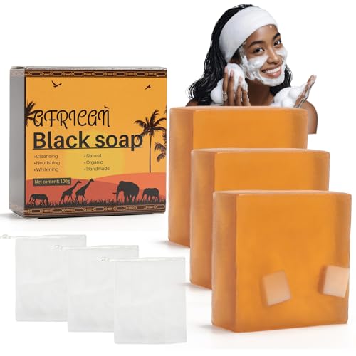 Kunoli - African Black Soap Organic Raw 3x 100g, Natural Black Soap Bar for Face Body, Wash Bar for All Skin Types, Clear Impurities, Fades Dark