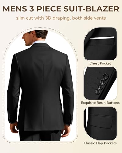 Image of Men's 3 Piece Slim Fit Suit Set, Two Button Blazer Solid Jacket Vest Pants Wedding Business Suit