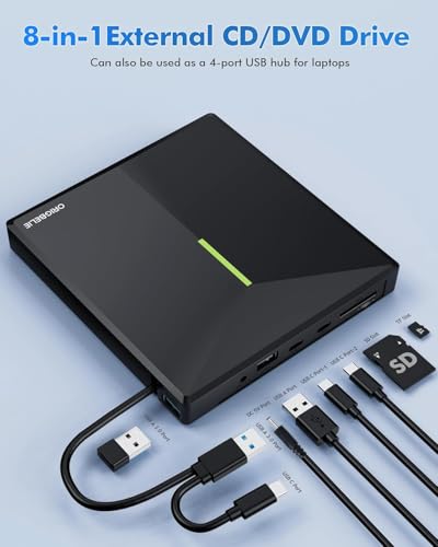 Image of External CD /DVD Drive for Laptop, USB 3.0 DVD Player with 4 USB Ports & 2 TF /SD Card Slots, Portable CD /DVD + /-RW Drive Burner Reader Writer for Desktop PC Windows 11 /10 /8 /7 Linux Mac OS