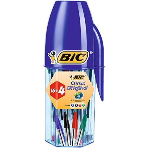 BIC Cristal Original Bolígrafos Punta Media (1,0mm) Colores Surtidos, Material Oficina y Escolar, Tubo de 20 unidades (16+4 gratis)