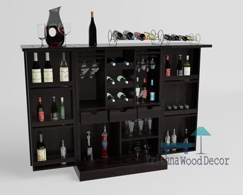 Image of Solid Sheesham Wood Bar Unit Cabinet with Storage Bottle Shelves & Built-in Glass Holder Raised Panel Design Wine Rack Organizer for Living Room, Home & Lounge Dining Cupboard Furniture