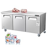VEVOR 72" W Commercial Freezer, 17.7 Cu.Ft Worktop Freezers Undercounter with LED Auto Lighting and Lockable Door, 3 Doors Food Freezing Prep Worktable, Stainless Steel Prep Frozen Table with Casters