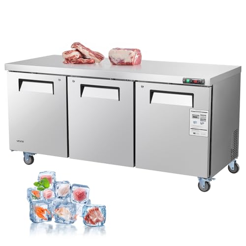 VEVOR 72" W Commercial Freezer, 17.7 Cu.Ft Worktop Freezers Undercounter with LED Auto Lighting and Lockable Door, 3 Doors Food Freezing Prep Worktable, Stainless Steel Prep Frozen Table with Casters by VEVOR - Used condition - US$785.08