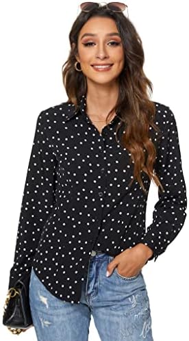 Atnlewhi Women Basic Long Sleeve Button Down Shirts Simple Pullover, Polka Dot/Black, L