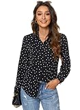 Atnlewhi Women Basic Long Sleeve Button Down Shirts Simple Pullover, Polka Dot/Black, L