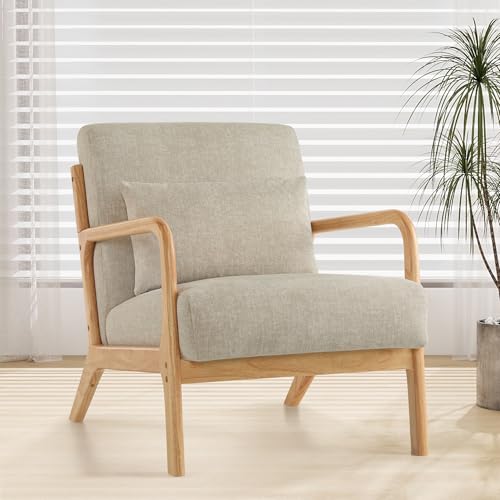 XH.Easy Go Modern Accent Chair with Pillow, Comfy Armchair with Wood Frame,Upholstered Mid-Century Reading Lounge Arm Chair for Living Room Bedroom,Lightgrey