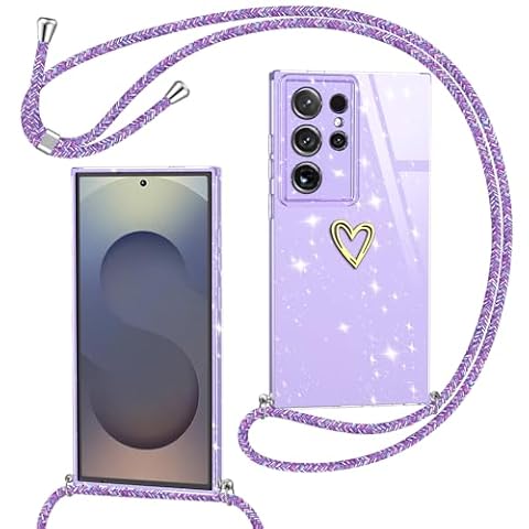 Yichxu Etui na telefon komórkowy Samsung Galaxy S25 Ultra, z paskiem, błyszczące serce, silikonowe etui na telefon komórkowy ze sznurkiem do zawieszenia, etui ochronne z łańcuszkiem, odporne na