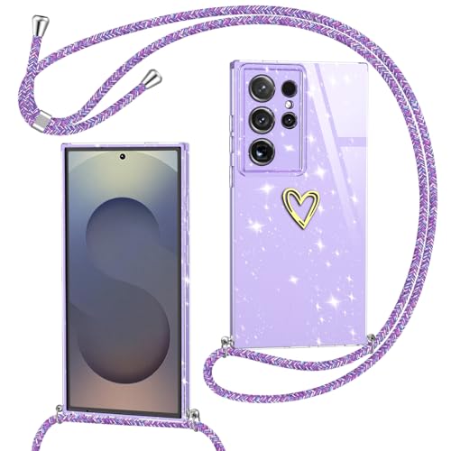 Yichxu Etui na telefon komórkowy Samsung Galaxy S25 Ultra, z paskiem, błyszczące serce, silikonowe etui na telefon komórkowy ze sznurkiem do zawieszenia, etui ochronne z łańcuszkiem, odporne na