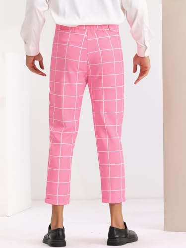Lars Amadeus Pink Plaid Cropped Dress Pants for Men's Pleated Front Checked Printed Trousers 383