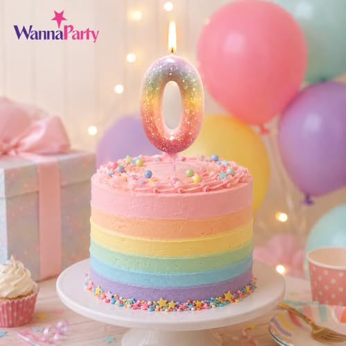 Image of Wanna Party Glitter Number 0 Cake Candle, Rainbow Sparkle Birthday Cake Topper Candle for Kids Birthday, Anniversary, Milestone Celebration, Party Cake Decoration - 1 Pc