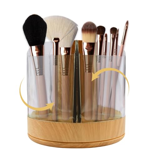 HICOHAND Soporte para brochas de maquillaje de madera natural, 1 organizador de maquillaje giratorio de 360° con 6 ranuras para almacenar cosméticos, esmalte de uñas, bolígrafos, tocador, escritorio
