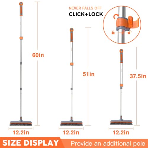 Image of Eazer 2-in-1 Long Handle Floor Scrub Brush, Soft /Hard Bristle Deck Brush with Squeegee, Garage Floor Cleaner for Tile /Concrete, Indoor /Outdoor for Kitchen, Bathroom Pool Deck - 12 inch W /60 inch H