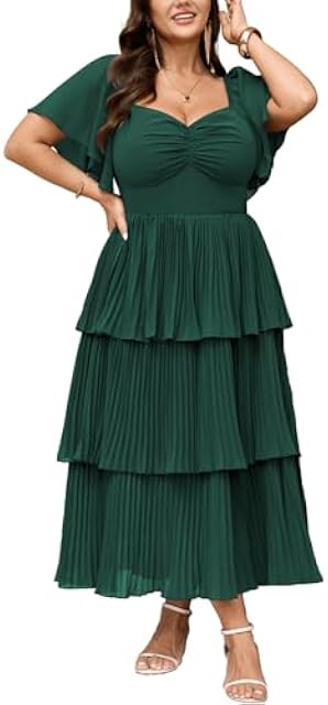 SCOMCHIC Women's Plus Size Formal Wedding Guest Evening Party Dress Short Sleeve Pleated Tiered Chiffon Bridesmaid Dresses Emerald Green