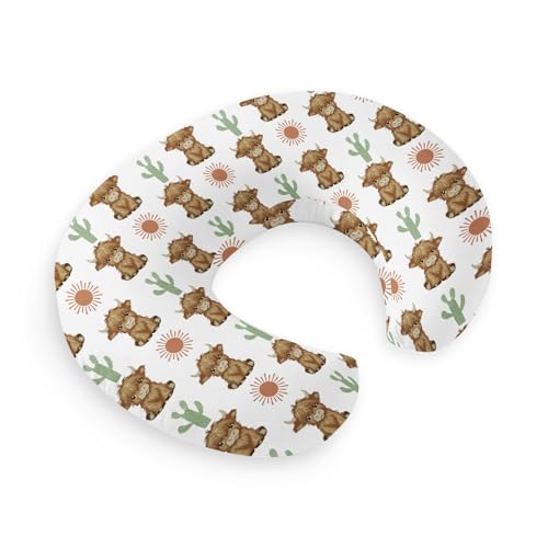 Image of HawSkgFub Highland Cow Boho Cactus Sun Nursing Pillow Cover for Baby Boy Girl, Western Hyland Cattle Themed Breastfeeding Pillow Slipcover, Cow Lover Nursing Pillowcase for Newborn Infant, Cover Only