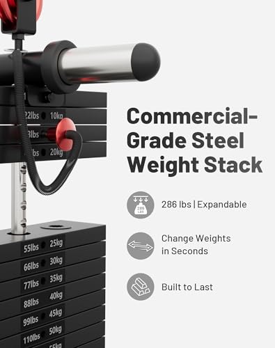 Image of Mikolo Smith Machine, All-in-one Power Cage Home Gym with Weight Stack, Aluminum Pulley Set, Dual LAT Pull-Down System & Cable Crossover, Black (with 230lb Color Plates Set+Bench)