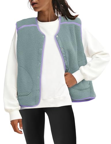 Panadila Womens Fuzzy Fleece Vest Oversized Sleeveless Sherpa Jacket Color Block Tops Button Down Outerwear with Pockets (Sage Green XL)