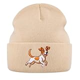 Geyoga Warme Weiche Wintermütze Winter Beanie Mütze Beige Strickmütze mit Stickerei Kalte Mütze mit Hundestickerei Geschenk Strickmütze für Hundebesitzer(Beige,Weißbrauner Terrierhund)