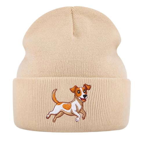 Geyoga Warme Weiche Wintermütze Winter Beanie Mütze Beige Strickmütze mit Stickerei Kalte Mütze mit Hundestickerei Geschenk Strickmütze für Hundebesitzer(Beige,Weißbrauner Terrierhund)