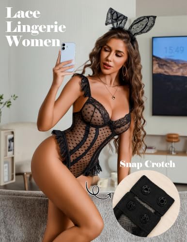Avidlove Lingerie for Women Lace Bodysuit Teddy Babydoll Black S — view 3