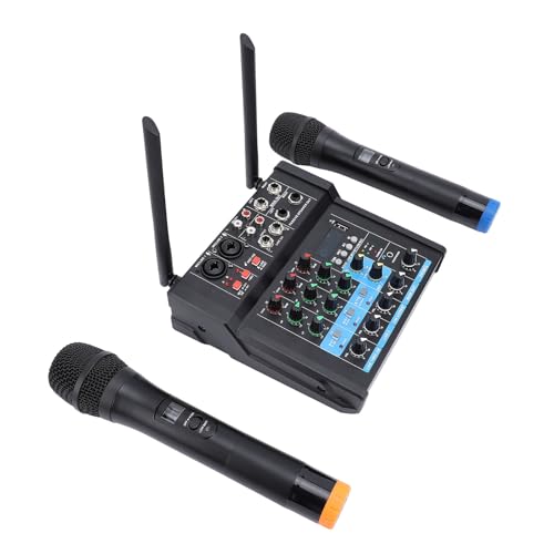 CHICIRIS Console de Mixage de Bureau, Table de Mixage Audio 4 Canaux avec Double Micro sans Fil, Carte Son USB 48 V Alimentation Fantôme pour karaoké, Enregistrement en Studio sur (Prise