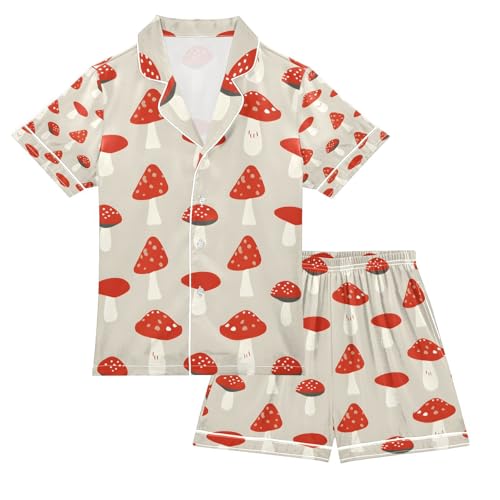 senya Red Mushrooms M Satin Summer Pajama Sets Silk Short Sleeve Button Down Sleepwear