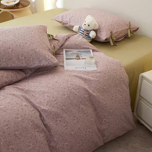 Image of Purple Floral Comforter Set Queen, 3 Pieces Cottagecore Aesthetic Cute Flowers Comforter Set for All Seasons, Coquette Floral Mauve Bedding Vintage Botanical Comforter with 2 Bow Ties Pillowcases