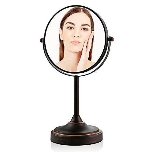 Ovente 7'' Tabletop Makeup Mirror with Stand, 1X & 7X Magnifier, Spinning Double Sided Round Vanity Mirror, Ideal for Dresser, Bedroom, Office & Bath, Antique Bronze MNLCT70ABZ1X7X