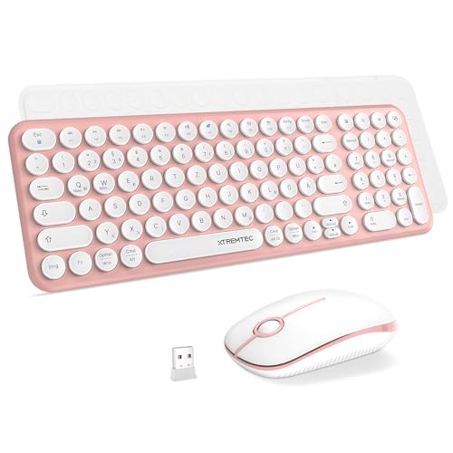 XTREMTEC kabellose Tastatur und Maus Retro runde Schreibmaschine Tastatur Slim Funktastatur leise Set USB 2.4GHz Verbindung kompakte Tastatur für Laptop iMac Windows PC (Rosa-weis)-Deutsche Tastatur
