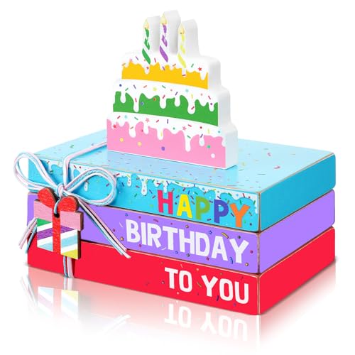 Pinkunn 4 bandejas escalonadas de aniversário, decoração de livros de madeira, empilháveis, materiais coloridos de festa de aniversário, decoração de mesa de aniversário para festa, casa, cozinha,