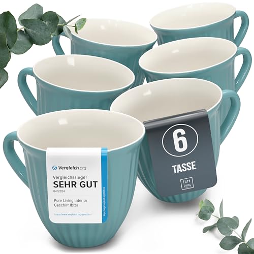 Steingut Kaffeetassen 6 Personen Hygge TESTSIEGER, Traumhaftes Skandinavisches Steingut Tassen Set, Stylisches Tee- und Kaffeebecher Set, Pure Living in Petrol