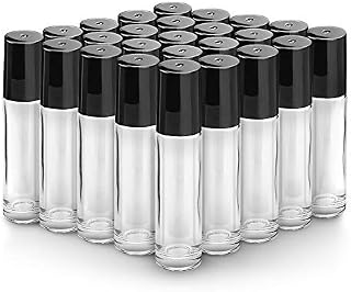 25 Pack Roller Bottles, 10 Milliliter Essential Oil Glass Roller Bottles with Stainless Steel Roller Balls (2 Openers,2 Funnels,6 Droppers) (25PCS 10ml Clear)