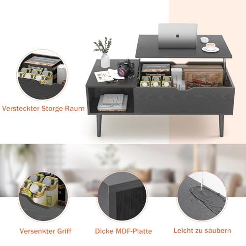 Sweetcrispy Couchtisch Höhenverstellbar, Tisch Wohnzimmertisch, offener und versteckter Stauraum Couchtisch, Sofatisch Beistelltisch, 100 x 50 cm Sofatisch aus Holz für Wohnzimmer, Schwarz