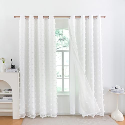 Image of Boho Pom Pom Nursery Light Block Curtains White 52x54 in | Blackout Double Layer Curtains with Pom Pom Semi-Sheer Overlay, Grommet Privacy Drapes for Toddler Bedroom Decor, 2 Panels