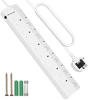 DEWENWILS 6 Way Surge Protected Extension Lead with Individual Switches and Indicator Lights, 3 Meters Extension Cable, 13Amp 6Gang Power Strip Lead, White