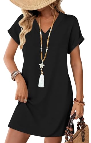 Cuptacc Robe Ete Femme Col en V Robe Ete Femme Mi Longue Fluide Elegant avec Poches Robe Grande Taille Noir, Grand L 42-44