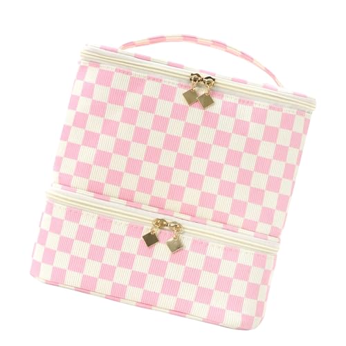 Sac à cosmétiques vintage à carreaux à 2 couches pour produits et maquillage