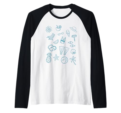 Cute Beach Vacation, Fun Summer Doodles Design Girly Sketch Raglan Baseball Tee