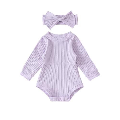 Image of Covvoliy Newborn Baby Girl Clothes Long Sleeve Knit One Piece Romper Bodysuits with Headband Fall Winter Outfits
