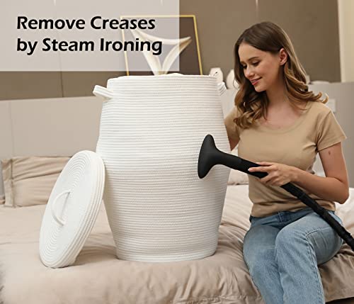 26" X 20" Tall Extra Large Storage Basket With Lid, Cotton Rope Storage Baskets, Woven Laundry Hamper With Cover, Toy Storage Bin, For Toys Blanket In Living Room, Baby Nursery, All White #TOP1