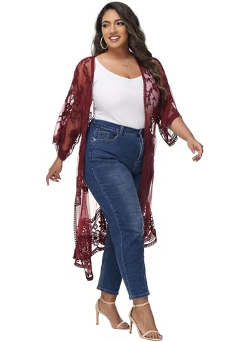 Image of Anna-Kaci Women's Plus Size Lace Cardigan Embroidered Long Kimono Dusters with Half Sleeves