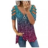Damen Kurzarm Tshirts Schulterfrei Bedruckte Oberteile V-Ausschnitt Reißverschluss Lässig Blusen Vintage Kurzarmshirt Comfort Damenshirt Sommer Longshirt Locker T-Shirts Pullover