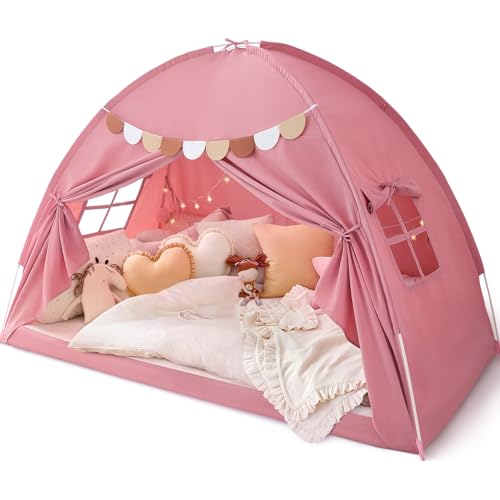 Bed Tent Twin, Bed Canopy for Kids Girls, Tents Toddler Portable Sleeping Tents Indoor, Pink Bunk Canopy Playhouse for Twin Size Bed