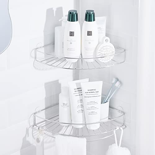 Kincmax Corner Shower Caddy, Rustproof Sus304 Stainless Steel, Adhesive Wall Mount Double Baskets 2-Pack With Built-In Towel Bar (Polished Silver) #TOP29