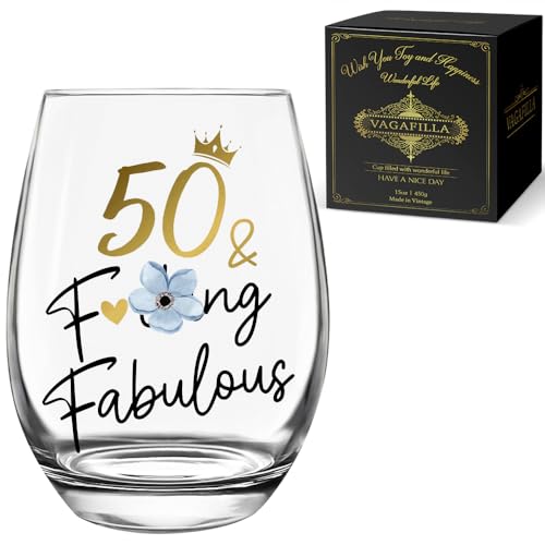50th Birthday Wine Glass Gifts for Grandma Mom Wife Parents Women Her, Unique 50 Year Old Gifts from Husband Kids, Fifty & Fabulous Wine Glass