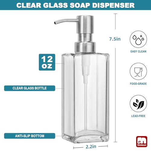 Image of GMISUN Glass Soap Dispenser with Stainless Steel Pump, Clear Hand Soap Dispenser for Bathroom, 12 fl oz /350ml Dish Dispensers for Kitchen, Modern Refillable Liquid Soap Lotion Bottle for Countertop